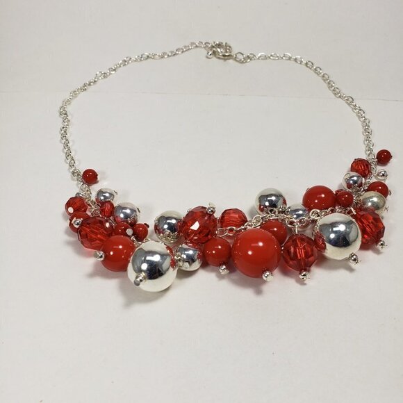 Polished Silver Necklace – Red Bead Cluster & Elegant Drop Design for Women,18" - Picture 7 of 7